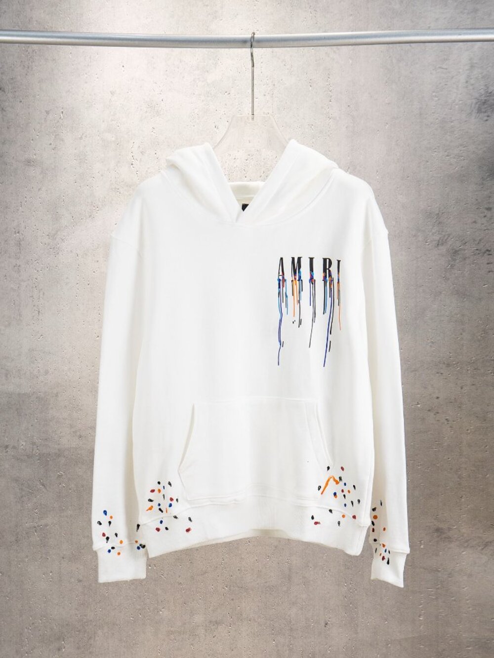AMIRI Paint Drip Logo Hoodie White Pullover Sweatshirt